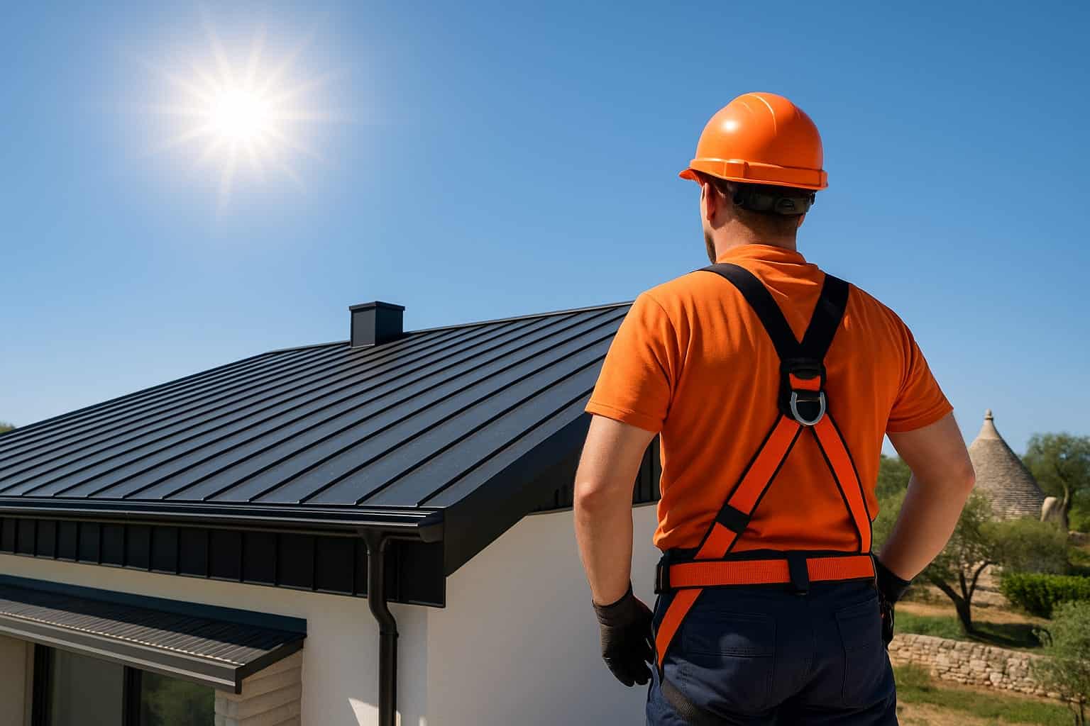 Tecnico di Lattoneria Cotugno, con casco arancione e imbracatura per la sicurezza, osserva una copertura tetto in metallo sotto il sole in Puglia.