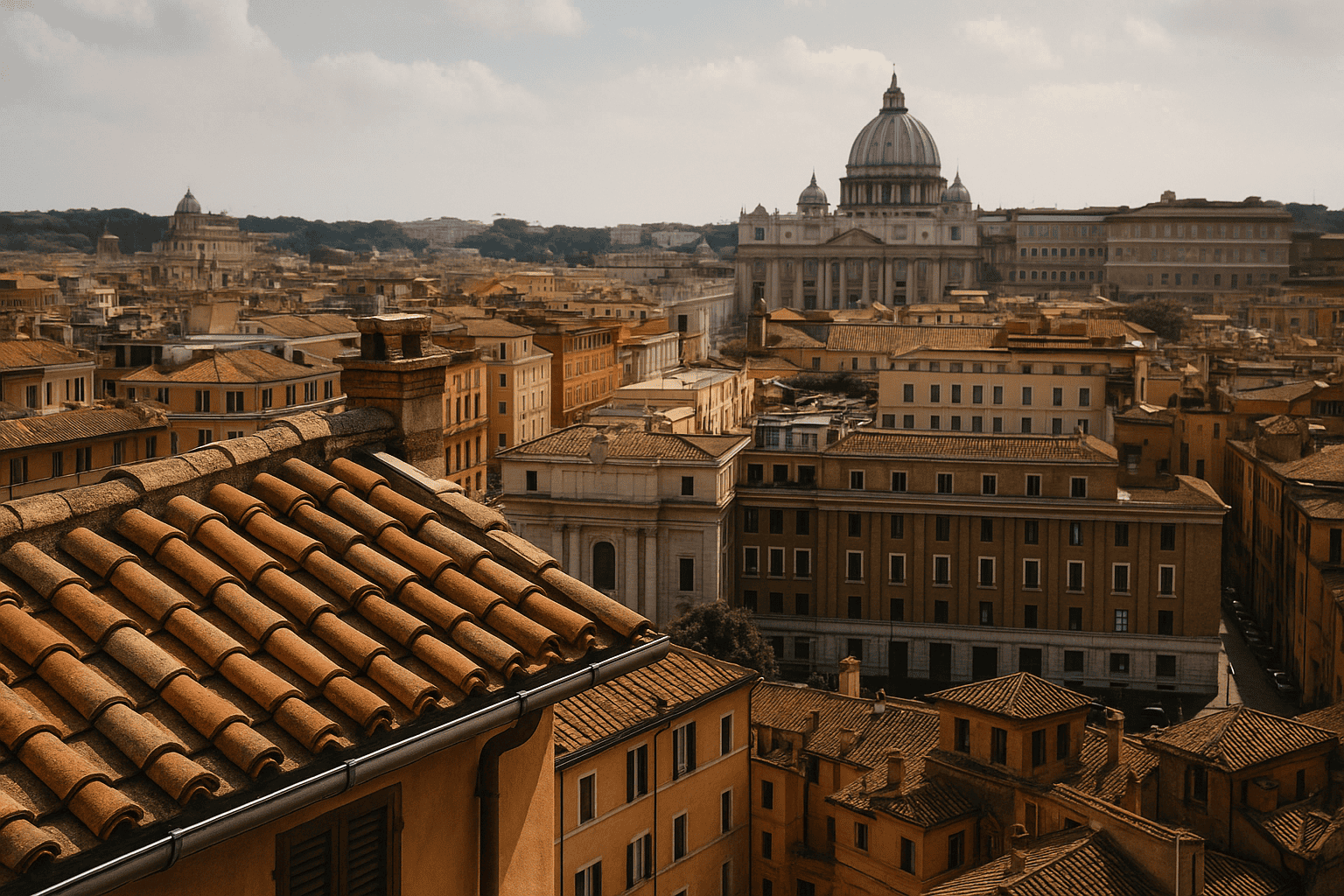 Panoramica di Roma con tetti in cotto, grondaie in metallo e la Cupola di San Pietro sullo sfondo