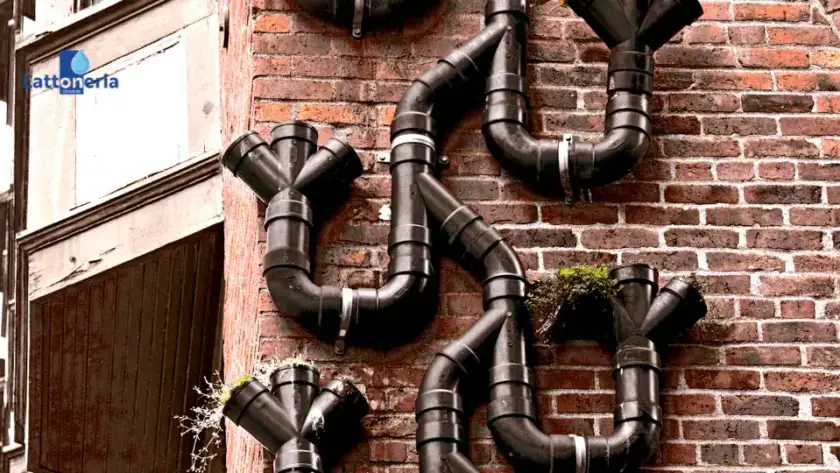 Rete complessa di tubi pluviali neri installati su una parete in mattoni con molteplici raccordi a T e curve, esempio di impianto di scarico delle acque piovane.