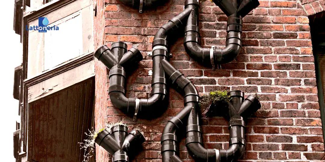 Rete complessa di tubi pluviali neri installati su una parete in mattoni con molteplici raccordi a T e curve, esempio di impianto di scarico delle acque piovane.