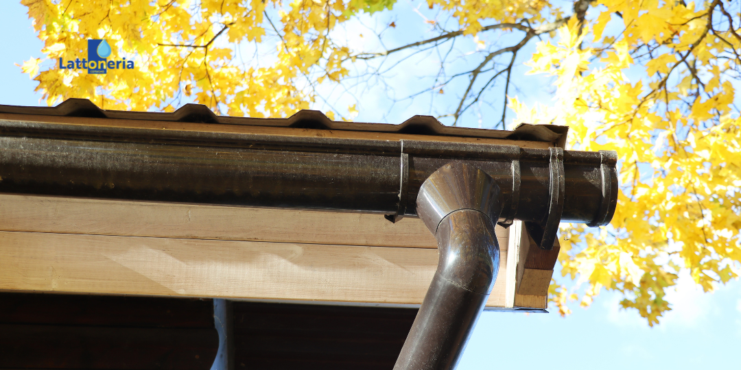 Dettaglio di grondaia in metallo installata sul tetto di una casa, con raccordo del pluviale visibile e foglie autunnali sullo sfondo.