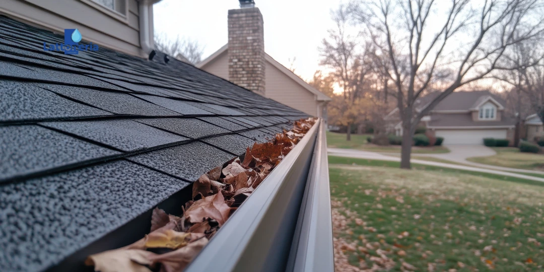 Grondaia intasata da foglie e detriti lungo il bordo del tetto, esempio di ostruzione e rischio di infiltrazioni (logo Lattoneria).