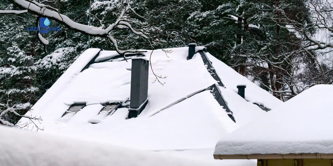 Tetto coperto di neve con comignolo e lucernari, esempio di rischi da gelo e infiltrazioni in inverno (logo Lattoneria).