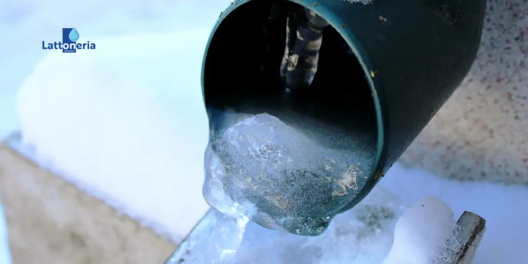 Pluviale ostruito dal ghiaccio con acqua congelata in uscita, rischio di blocco dello scarico e infiltrazioni.